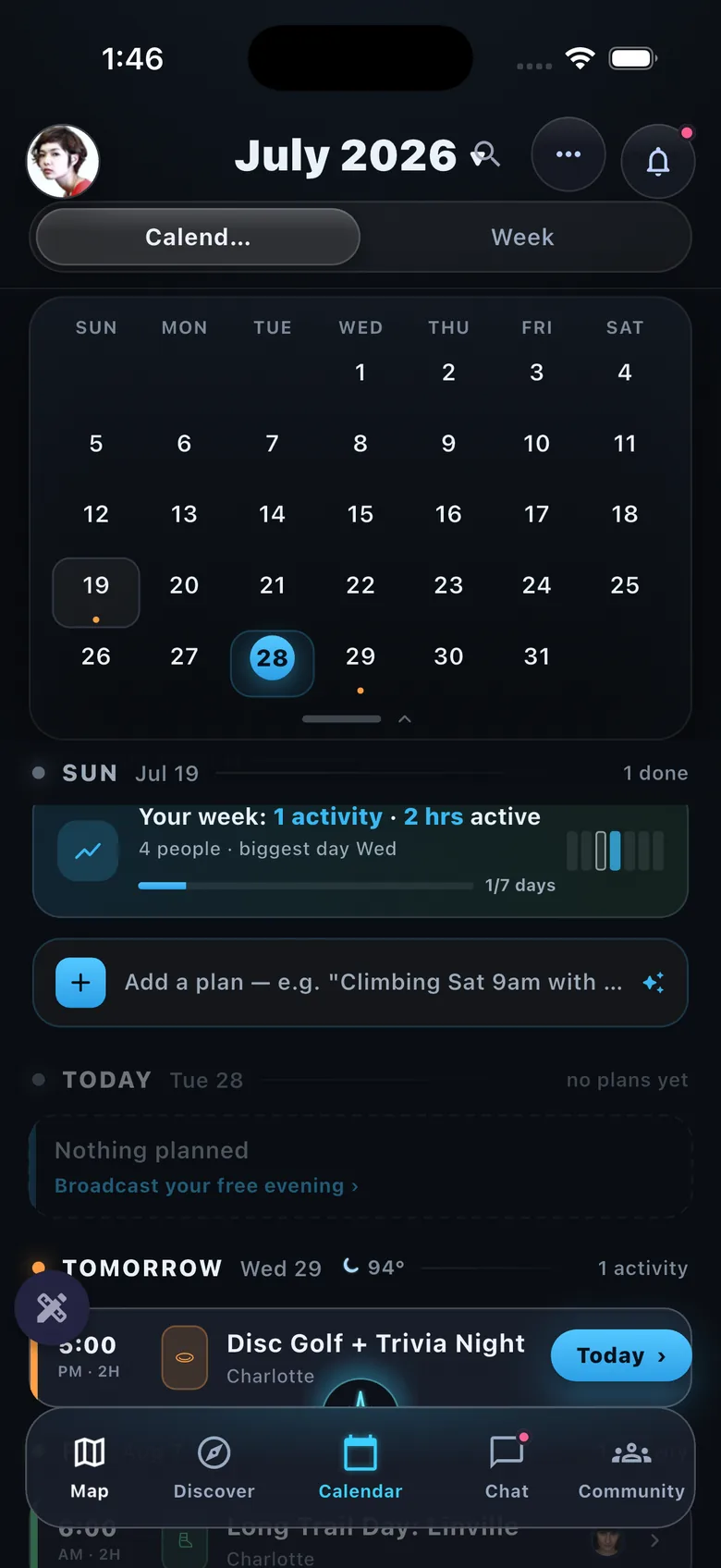 Calendar month grid + agenda rail, weekly activity summary, free-evening broadcast prompt