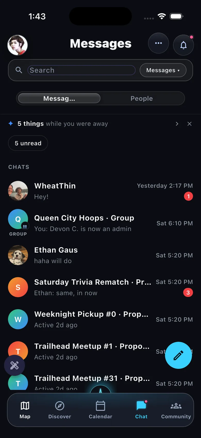 Messages list — DMs, group threads, proposal threads with real activity