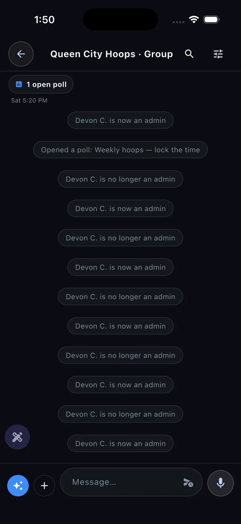 Group chat with an open poll surfaced inline ('1 open poll' chip + system message)