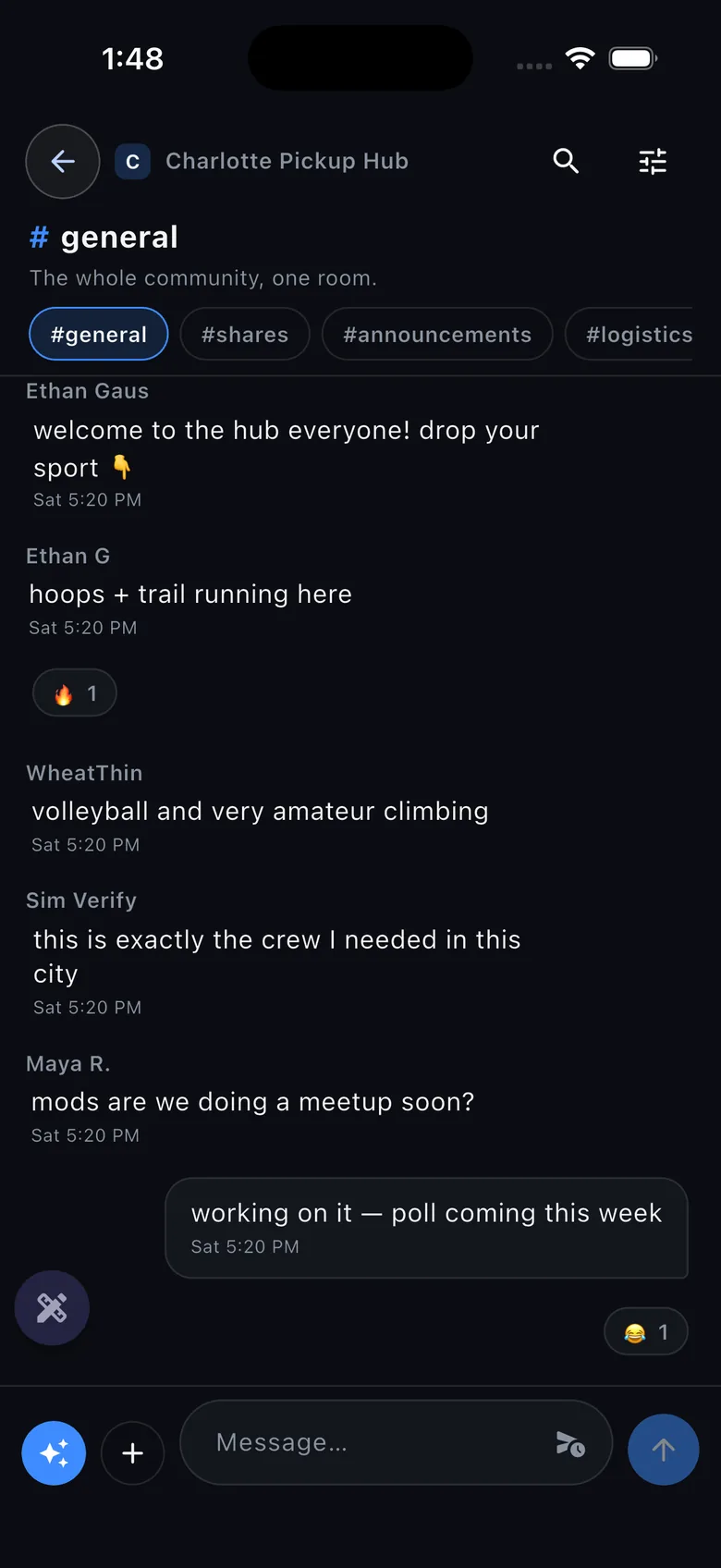 Community channel rail (#general/#shares/#announcements/#logistics) inside a group chat