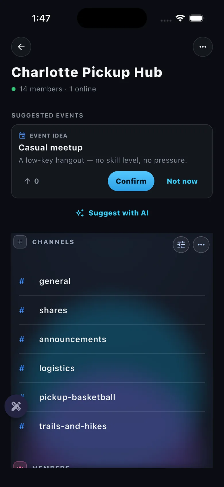 Community detail — suggested event idea card + channel list