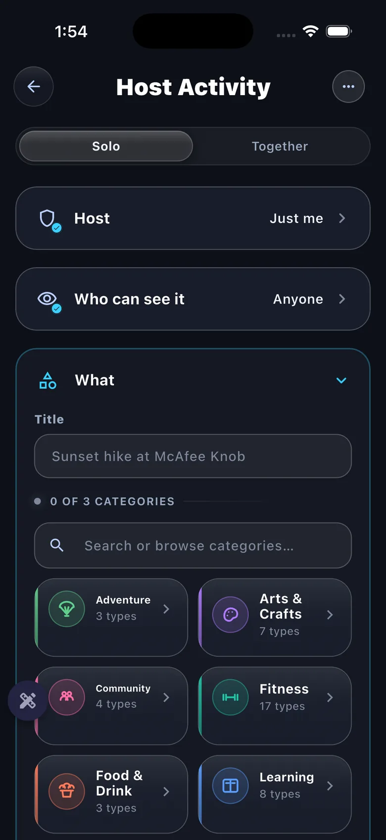 Event composer — host/visibility settings + category picker