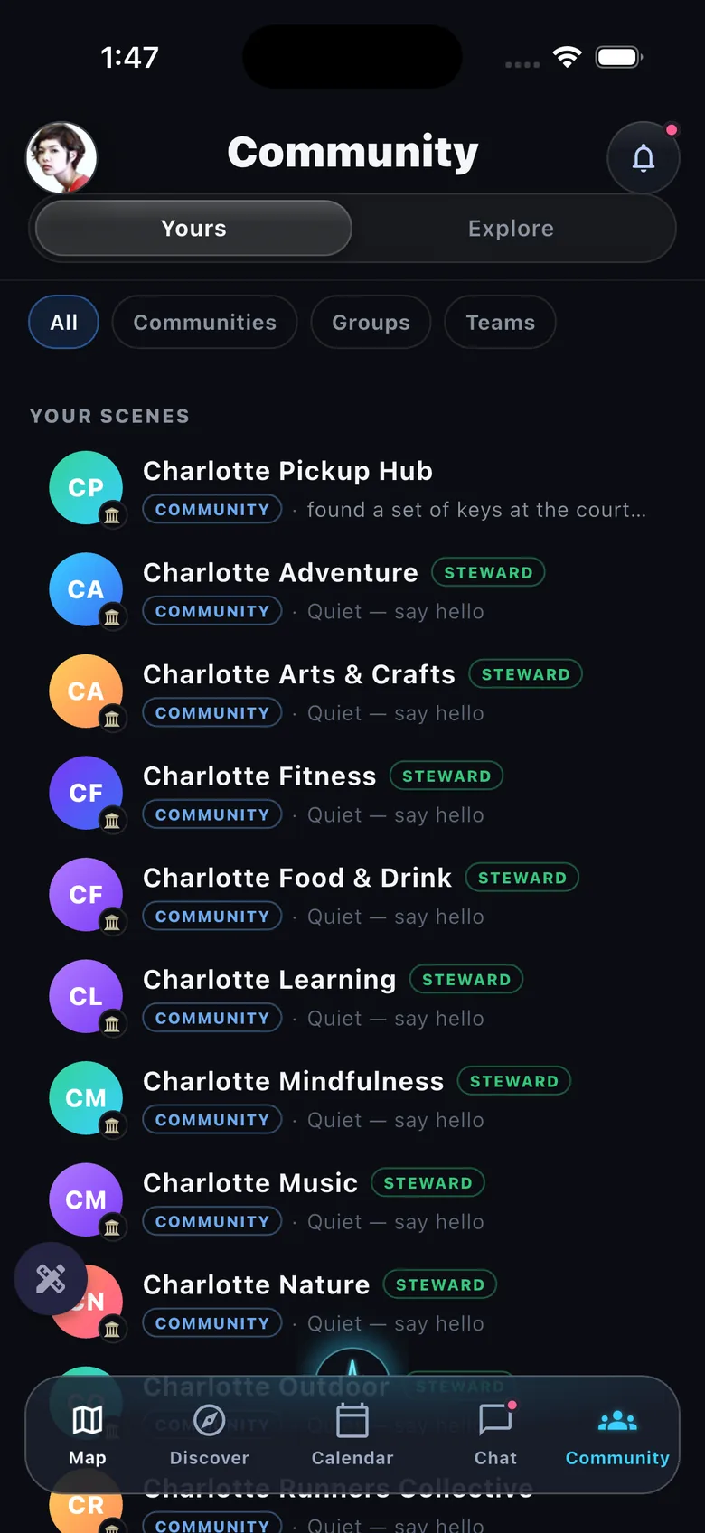 Community hub — Your Scenes list, steward badges, community/group/team filter chips