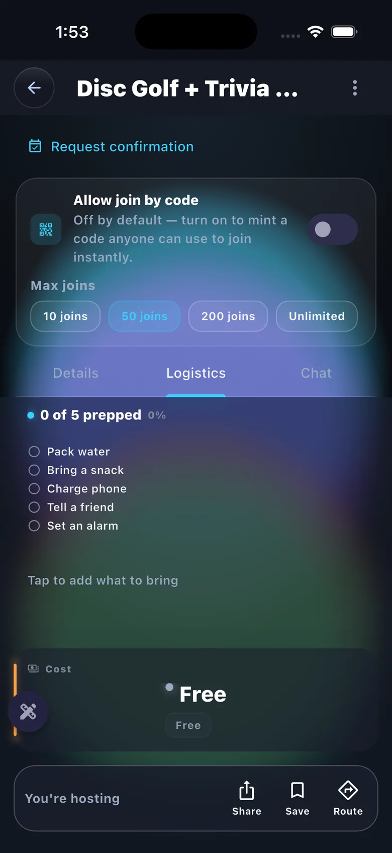 Logistics center — prep checklist + cost, scrolled within the logistics tab