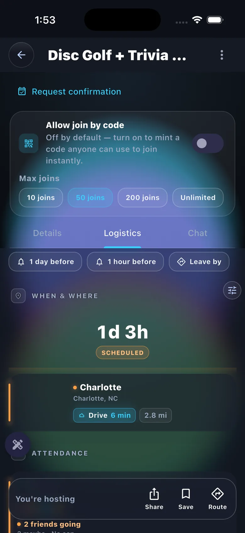 Event logistics tab — reminders, when & where, attendance, drive time