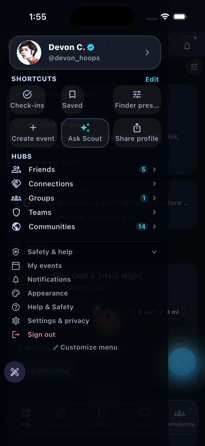 Profile drawer — shortcuts (Create event / Ask Scout / Share) + hubs + safety menu