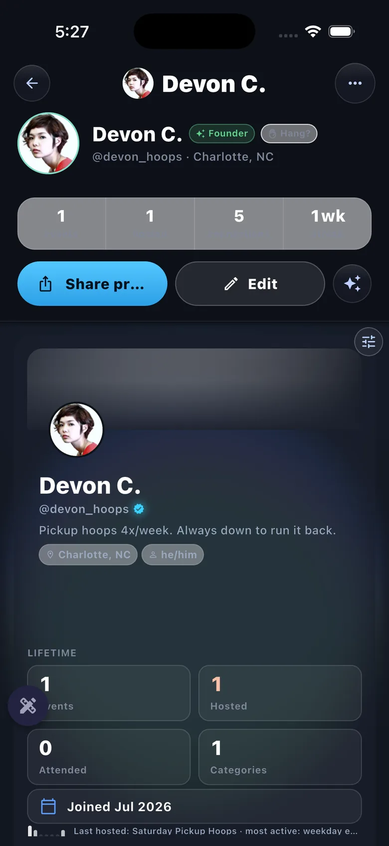 Own profile — identity hero, lifetime stats, bio tags