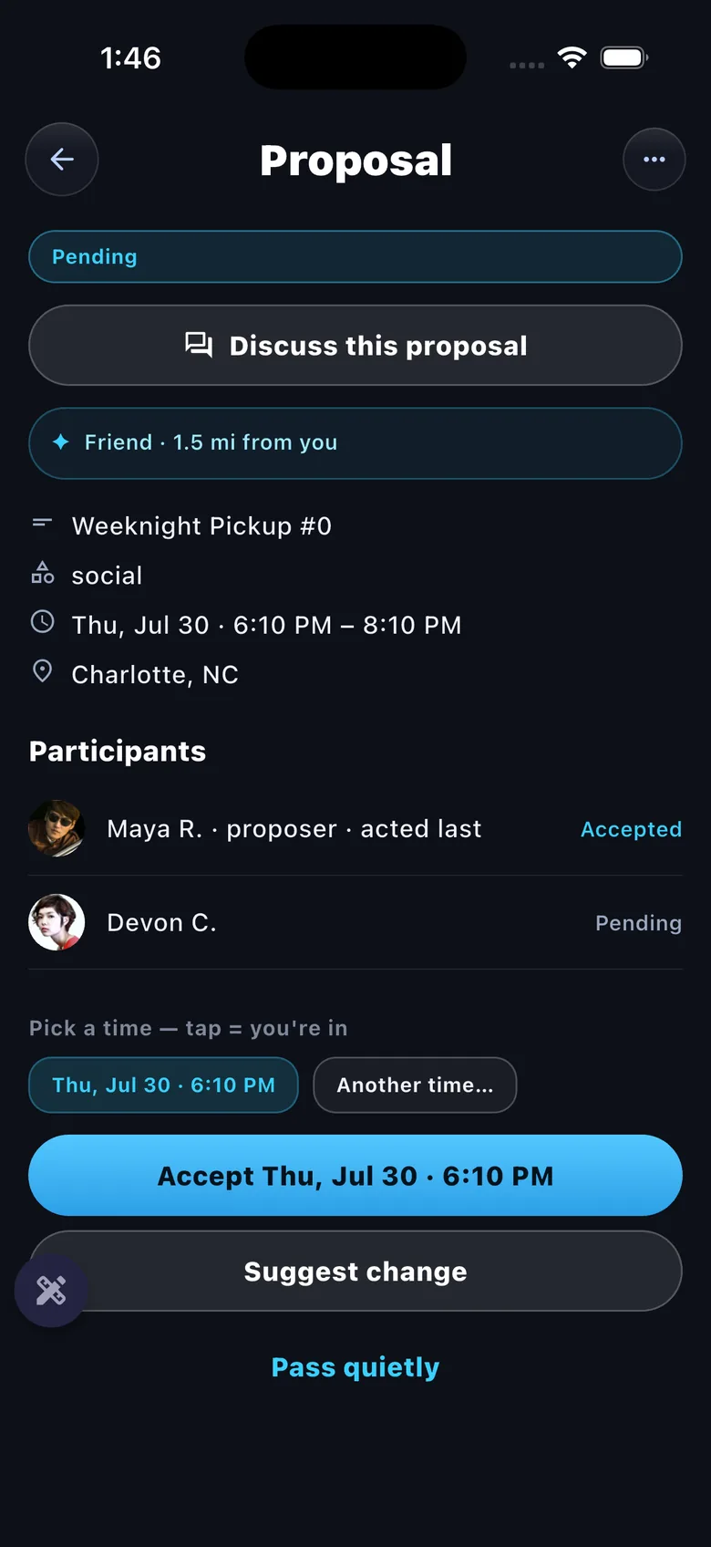 Proposal card — pick-a-time smart resolution, accept/suggest-change/pass