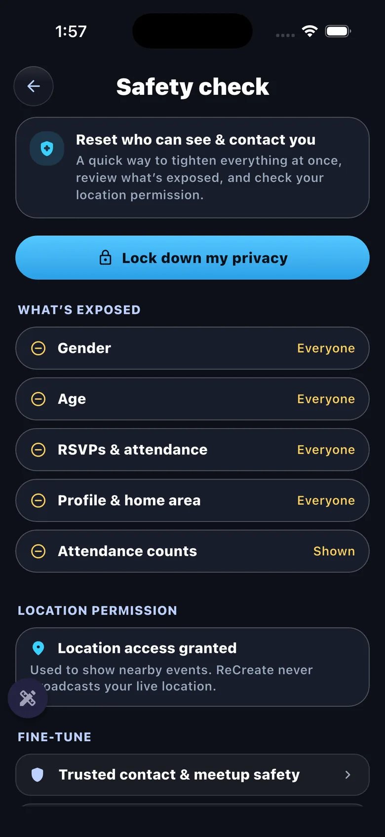 Safety check — what's exposed, location permission, lock-down-my-privacy action