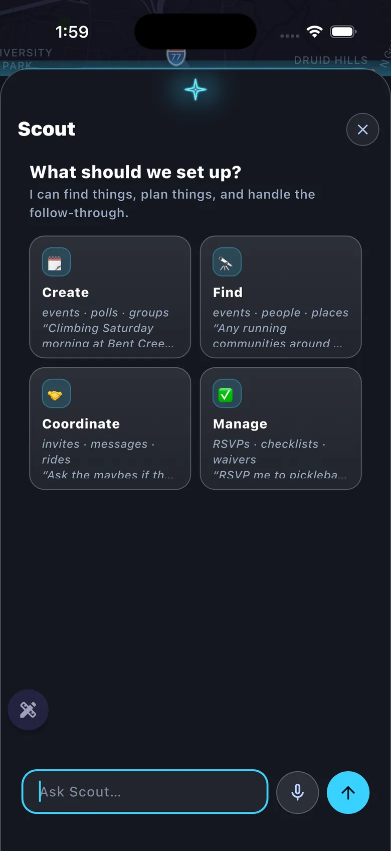 Ask Scout — Create / Find / Coordinate / Manage capability cards