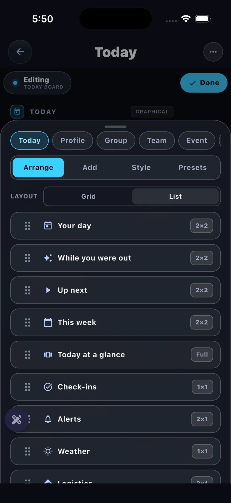 Tile editor — Arrange tab, per-tile size chips (2x2/2x1/1x1) + drag handles