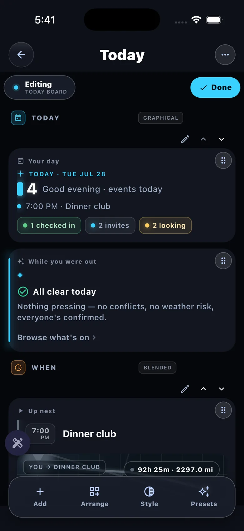 Tile editor — editing mode with Add/Arrange/Style/Presets bar