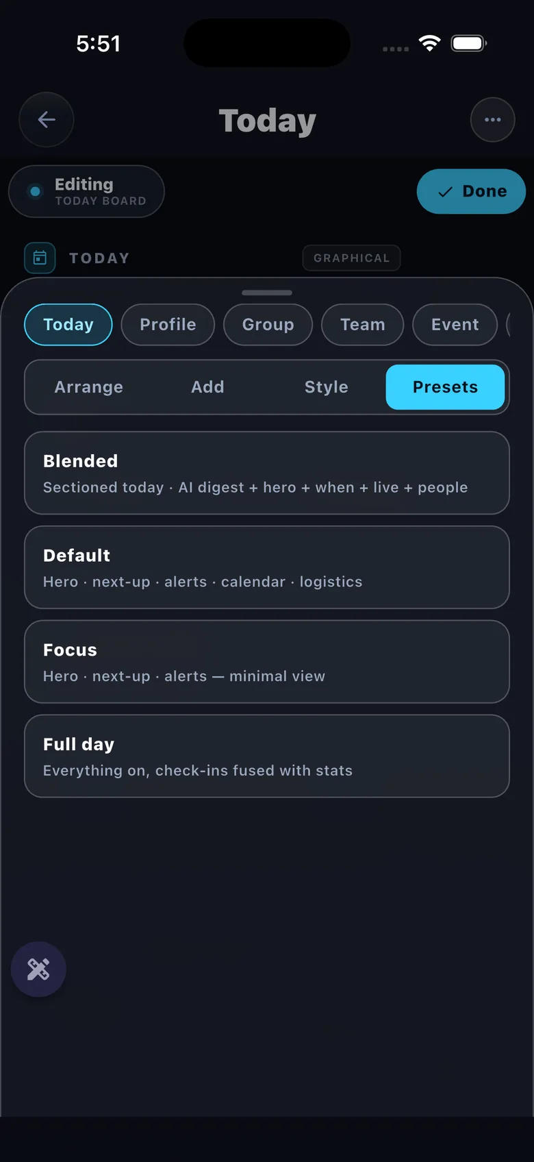 Tile editor — Presets tab: Blended / Default / Focus / Full day