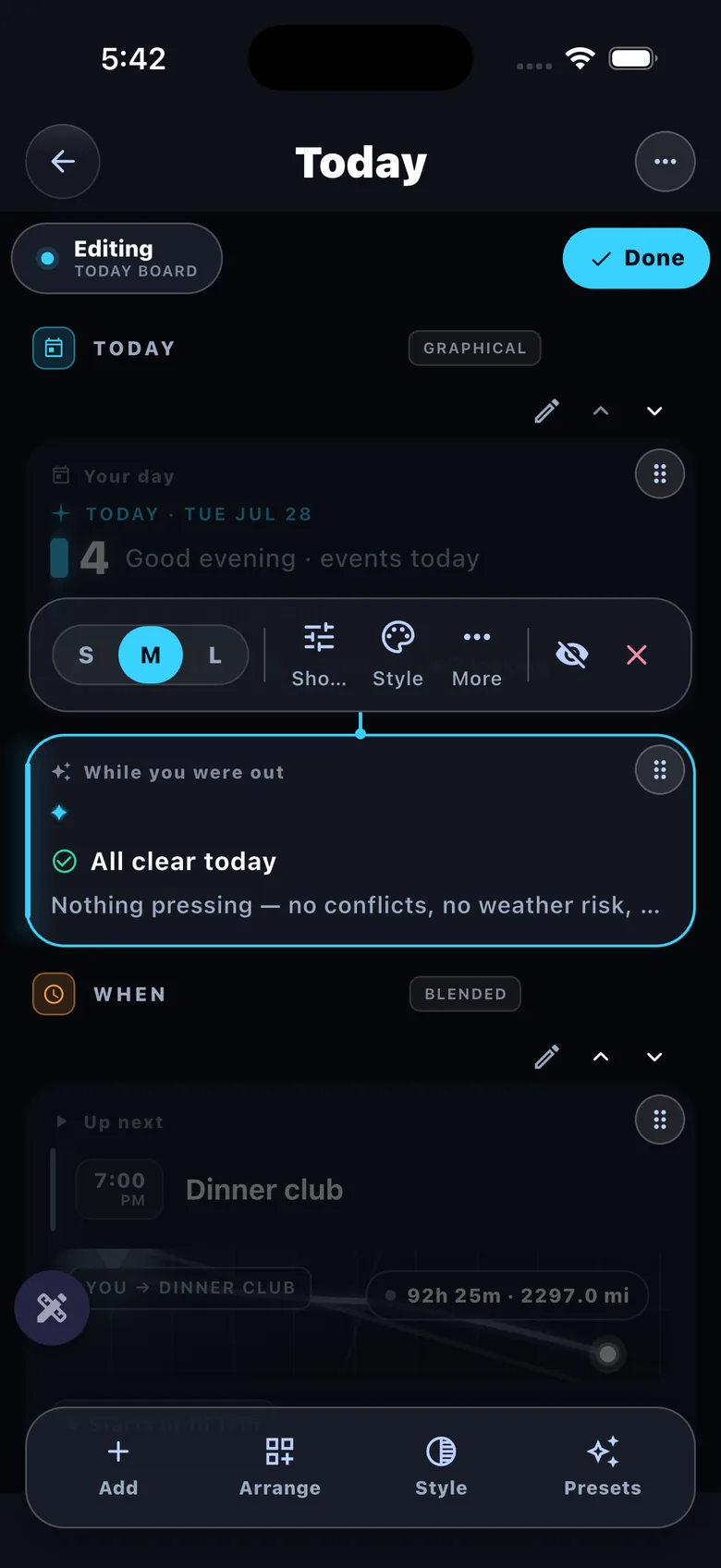 Tile editor — 'Your day' tile resized to M (2x1)