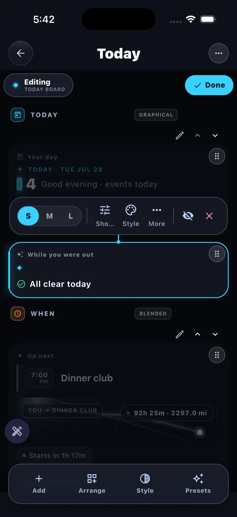 Tile editor — 'Your day' tile resized to S (1x1)