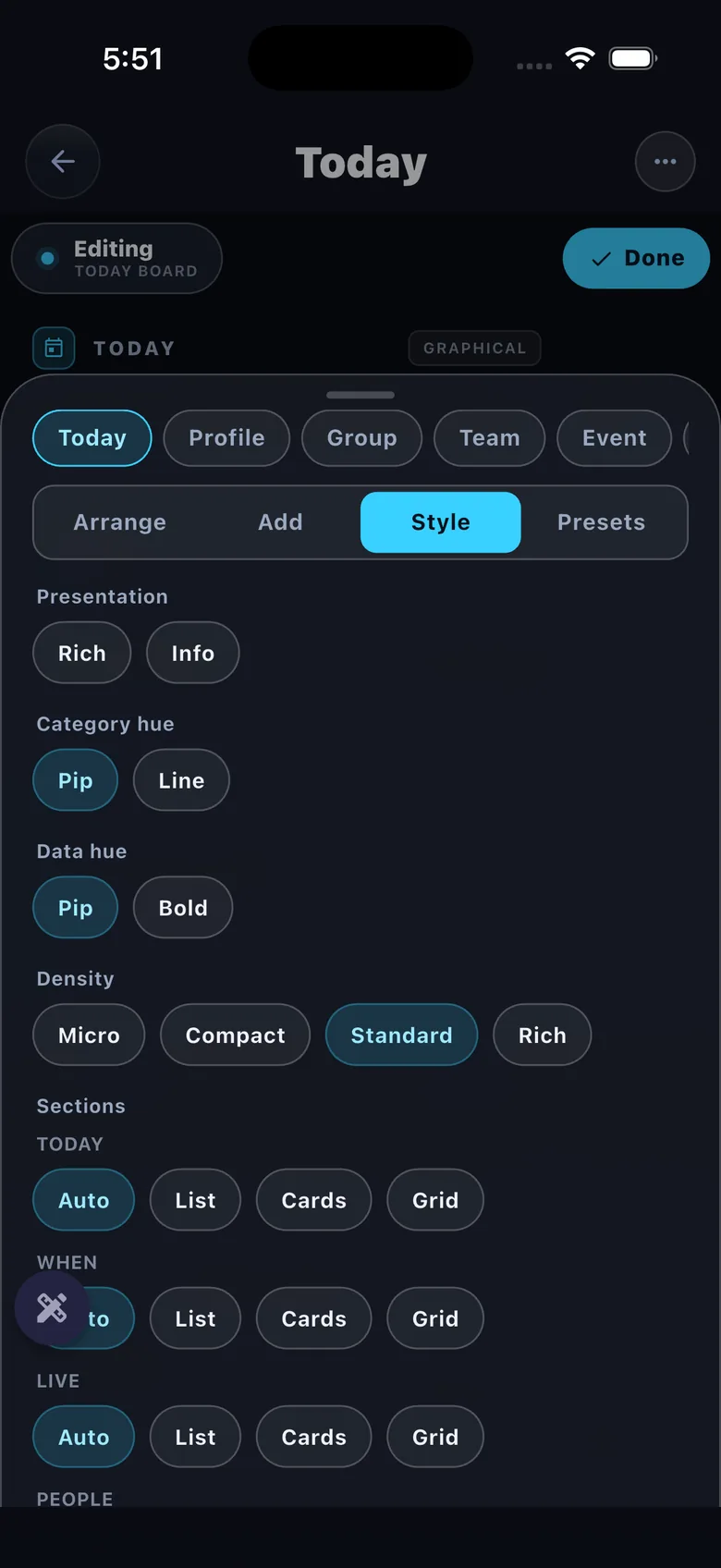 Tile editor — Style tab: presentation, density, per-section layout controls