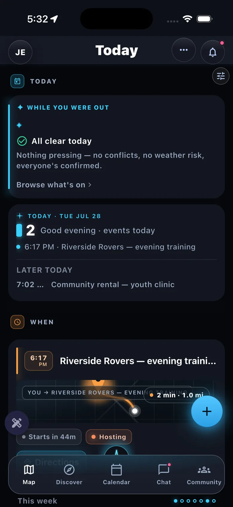 Today tile dashboard — blended density, hero digest + upcoming event